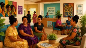 A health facility waiting area representing judgment-free health services